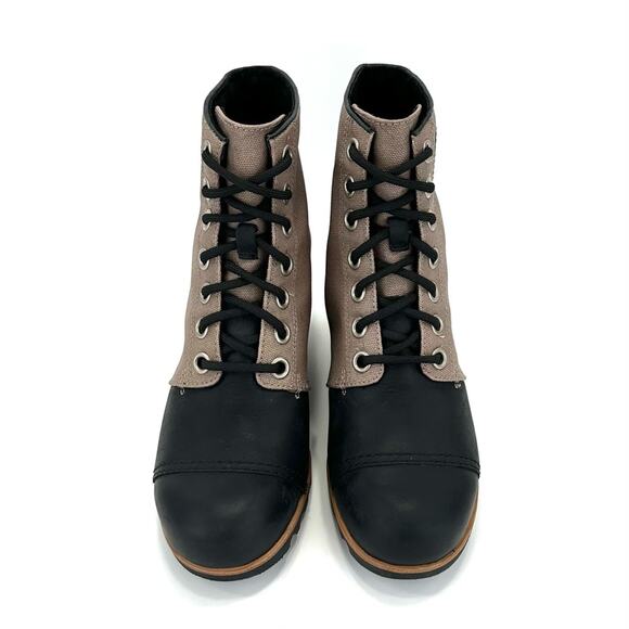 Sorel PDX Black/Tan Wedge Bootie Size 10 Leather/Canvas Waterproof Lace-Up New - Picture 3 of 15